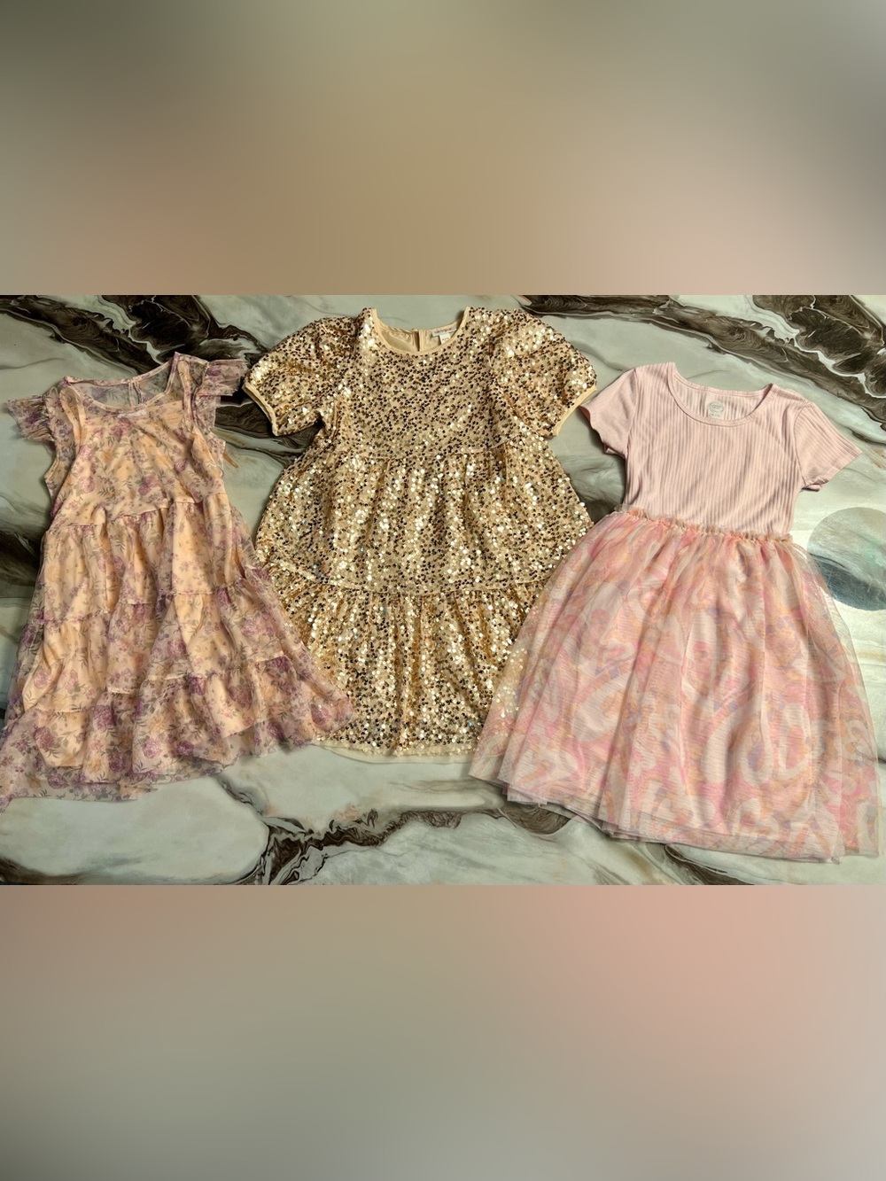 Girls 7/8 Dress Lot of 3 floral sequin coral gold pink double lined tiered fancy